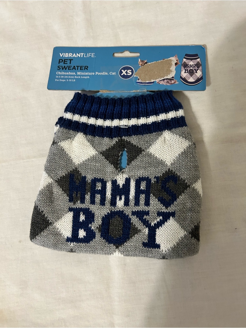 NWT Vibrant Life “Mama’s Boy” Blue Argyle Pet Sweater/Size XS
